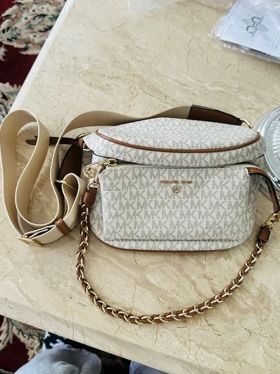 Michael Kors Cream White Logo-Print Crossbody with Tan Trim - Picture 7 of 13